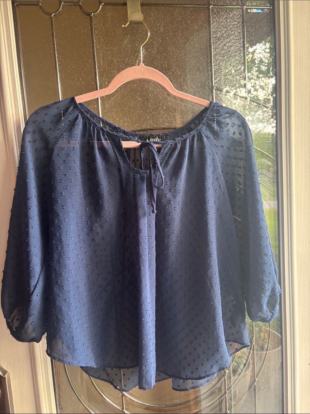 A. Byer Navy Swiss Dot Peasant Blouse with Tie Neck